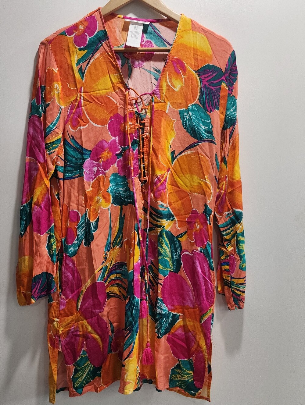La Blanca Tropical Floral Lace-Up Tunic/ Swimsiut Cover Up Size L
